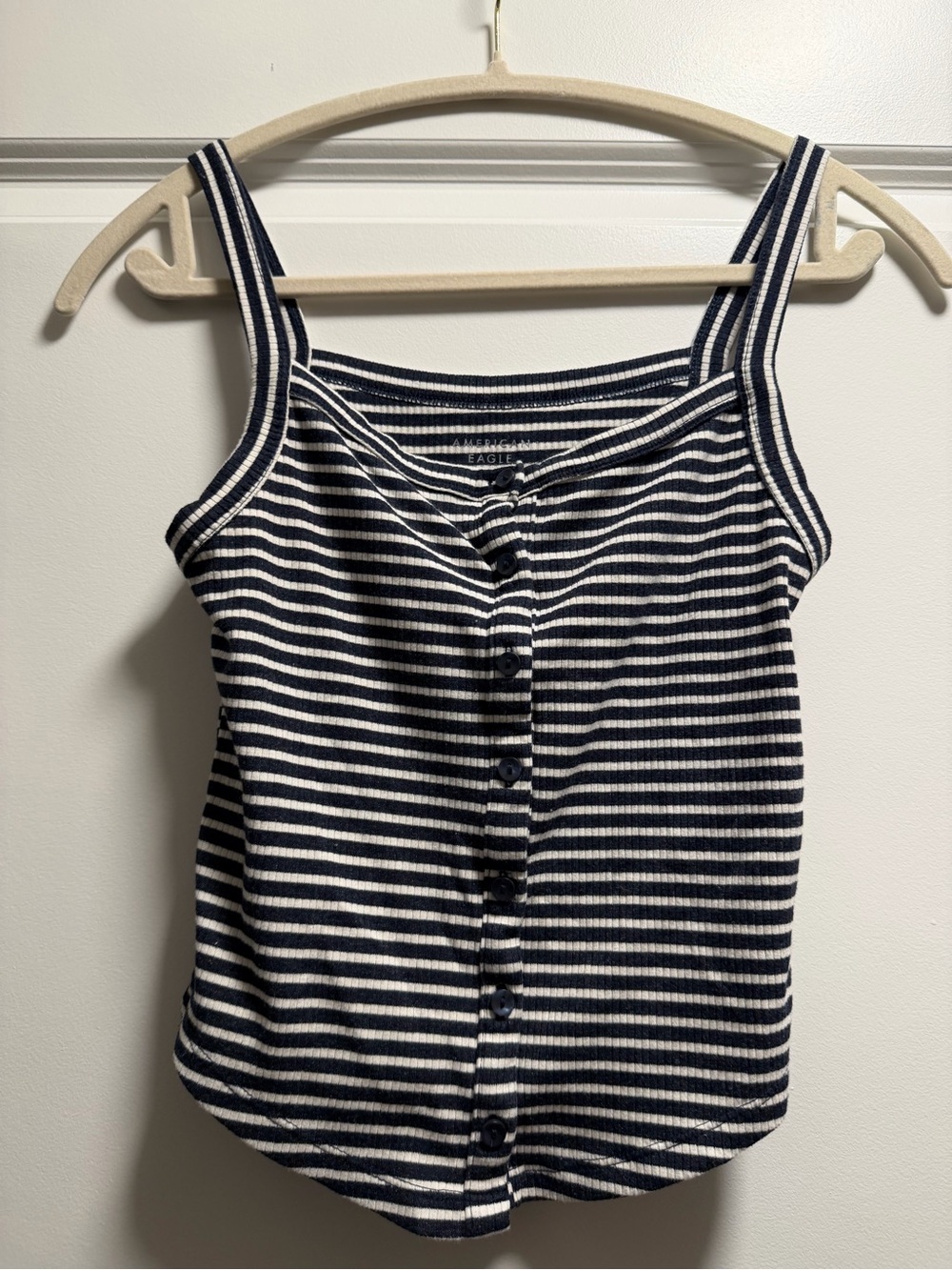 American Eagle Outfitters Navy & White Striped Ribbed Button Tank